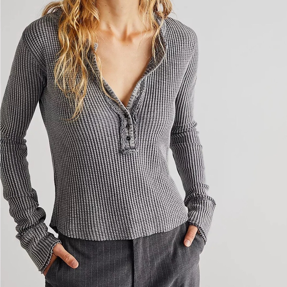 Free People Charcoal Waffle Knit Henley Long Sleeve Top